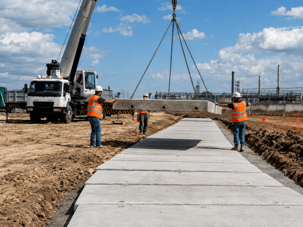 Betoninių kelio plokščių montavimas kranu įrengiant laikiną privažiavimo kelią
