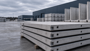 Sukrautos betoninės kelio plokštės gaminių kieme prie gamybos pastato
