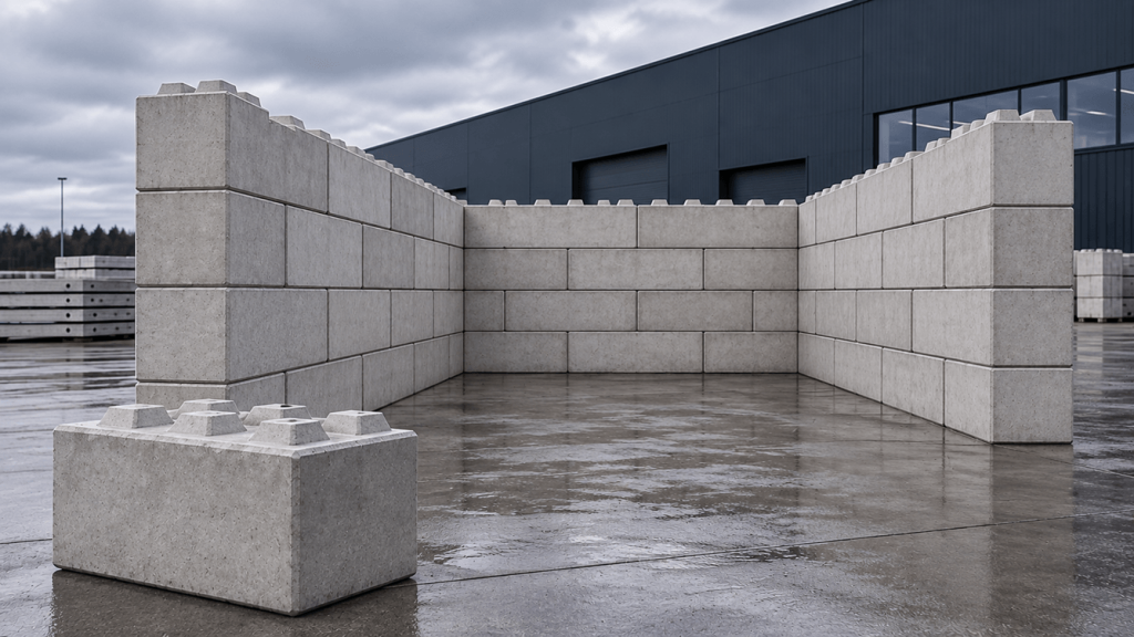 Iš betoninių LEGO blokų sumontuotas sandėliavimo boksas pramoniniame kieme